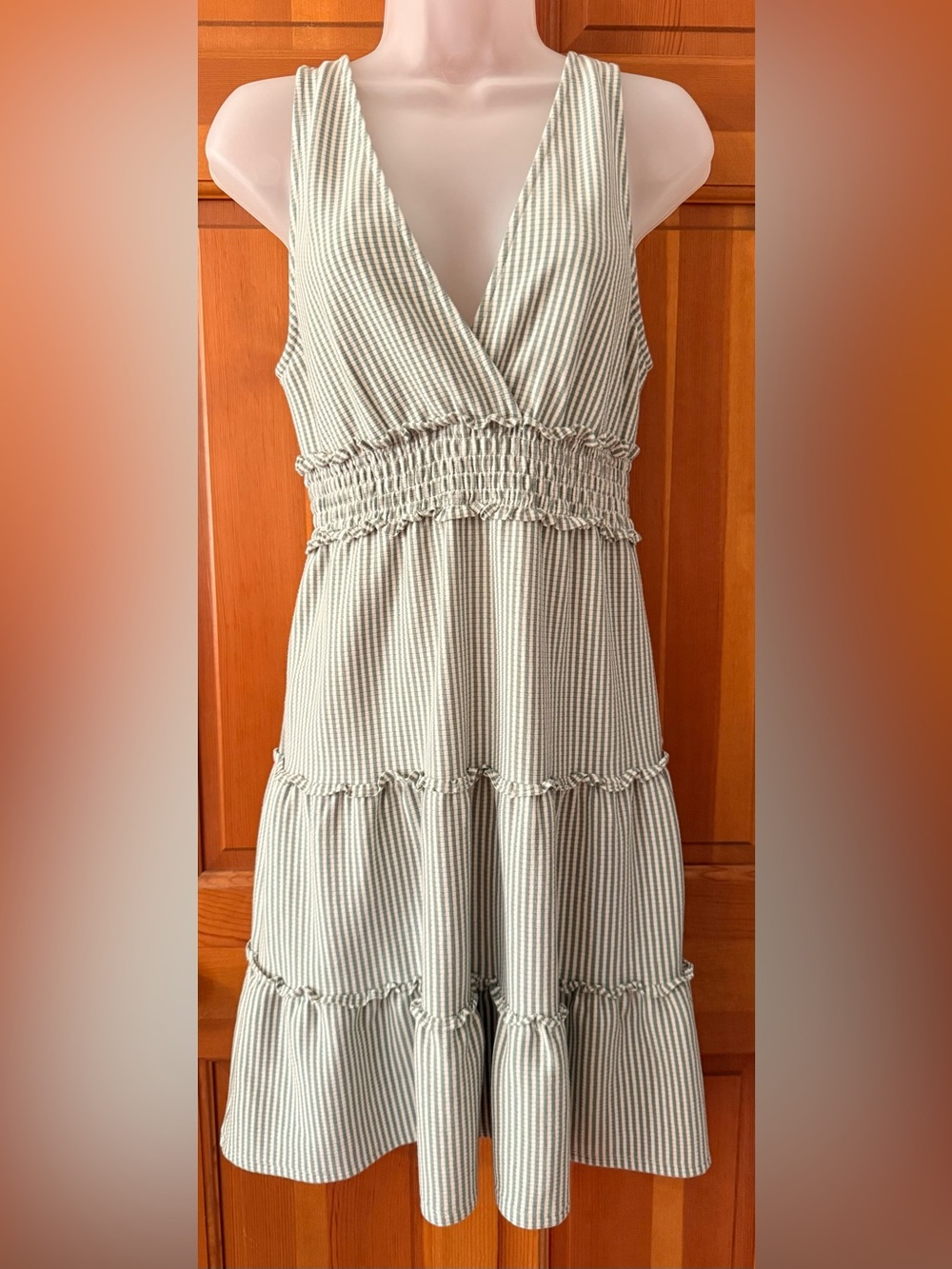 American Eagle Outfitters Light Green Striped Tiered Midi Dress